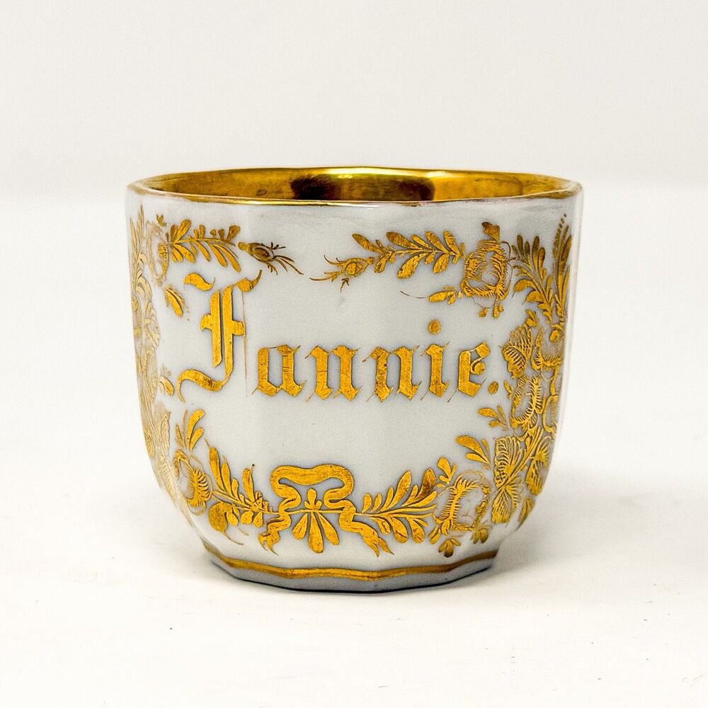 Antique Victorian Child’s Name Cup “Fannie” Porcelain Gold Gilt Floral Mug